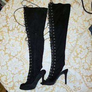 SALENWOT black thigh lace up peep boots 7.5